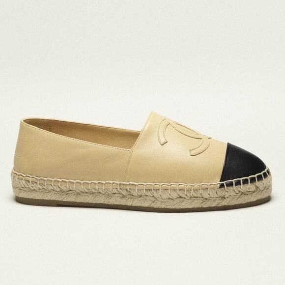 Chanel Lambskin Leather Cap Toe Espadrilles Loafer Flat Beige/Black Women's 37 - Picture 2 of 12